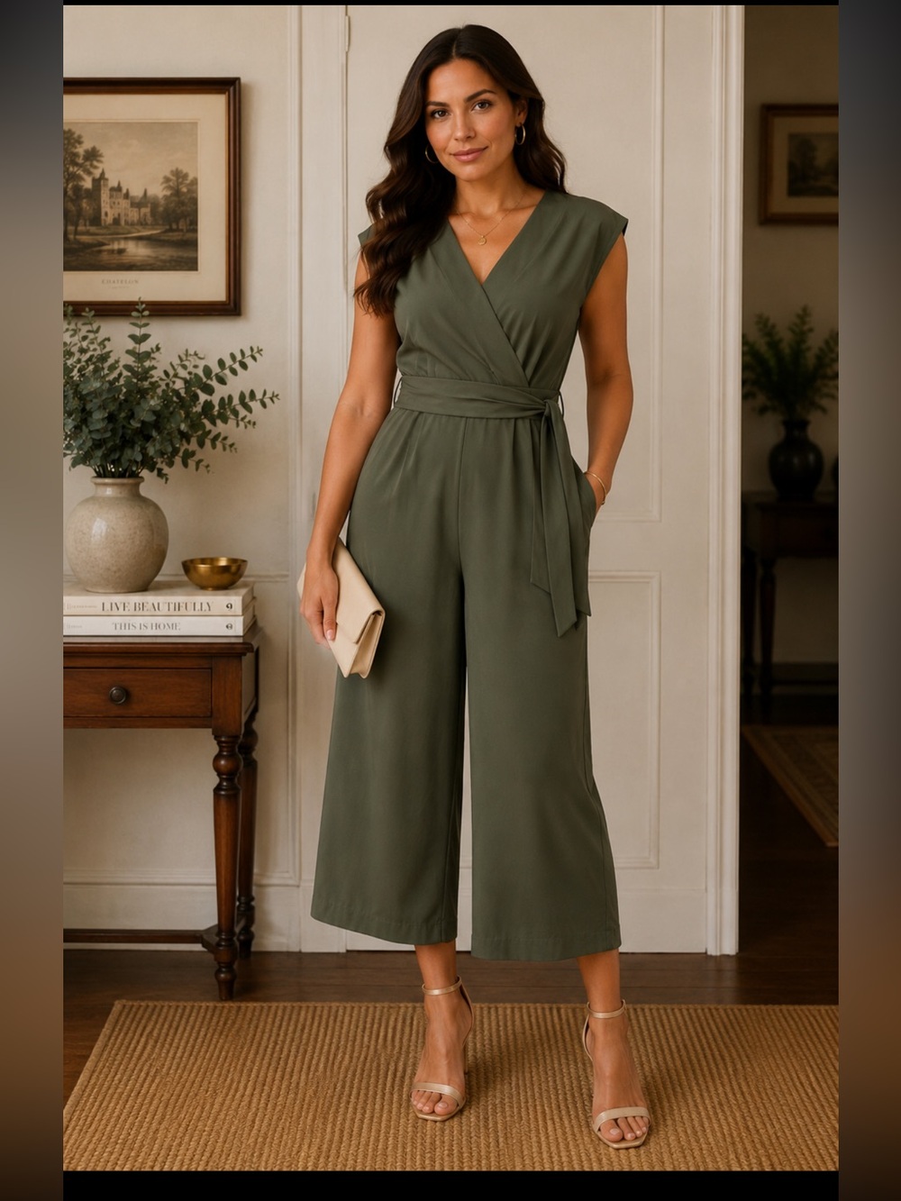 Dunnes olive green crop wide leg vneck cress cross crepe jumpsuit size 12